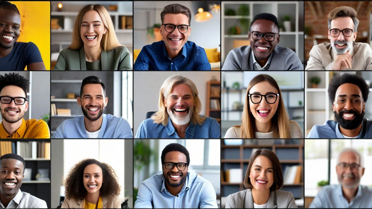 Video grid call with diverse team members laughing, casual and genuine, not staged