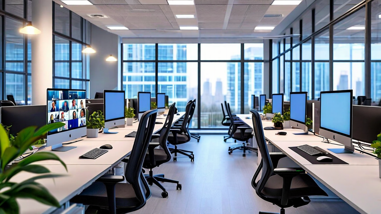 Half-empty office with some desks occupied and screens showing remote workers on video calls
