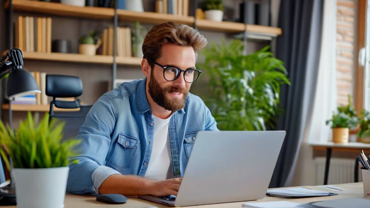 New employee at home desk on first day, looking at laptop with a mix of focus and mild overwhelm