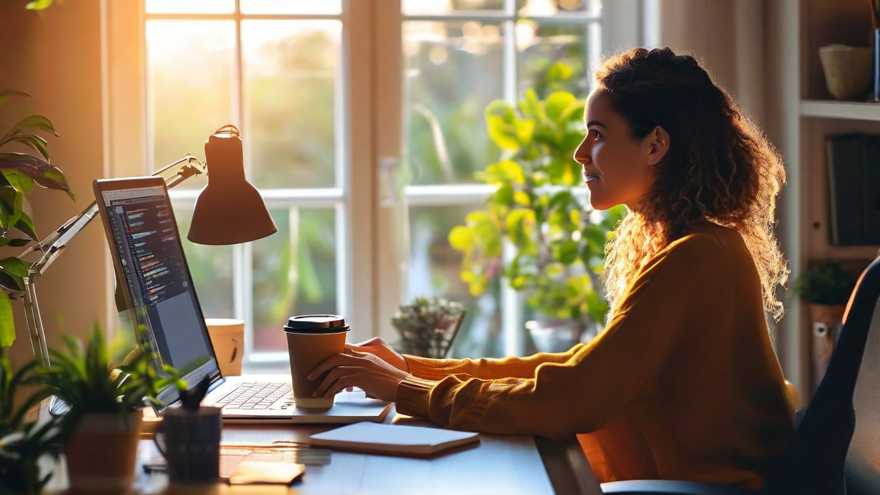 Person at home desk looking focused, coffee in hand, morning light through window