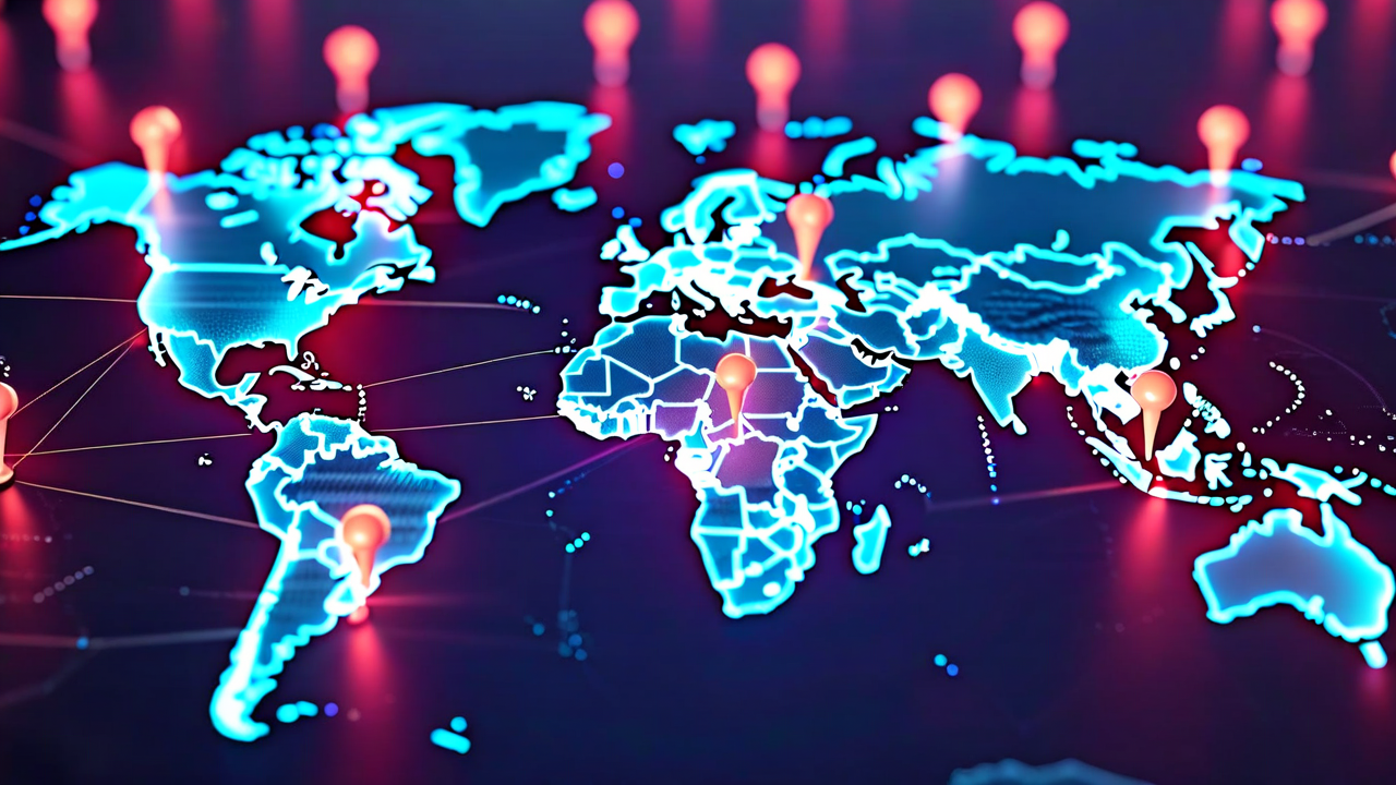 World map with pins across six time zones, connected by glowing lines representing team communication