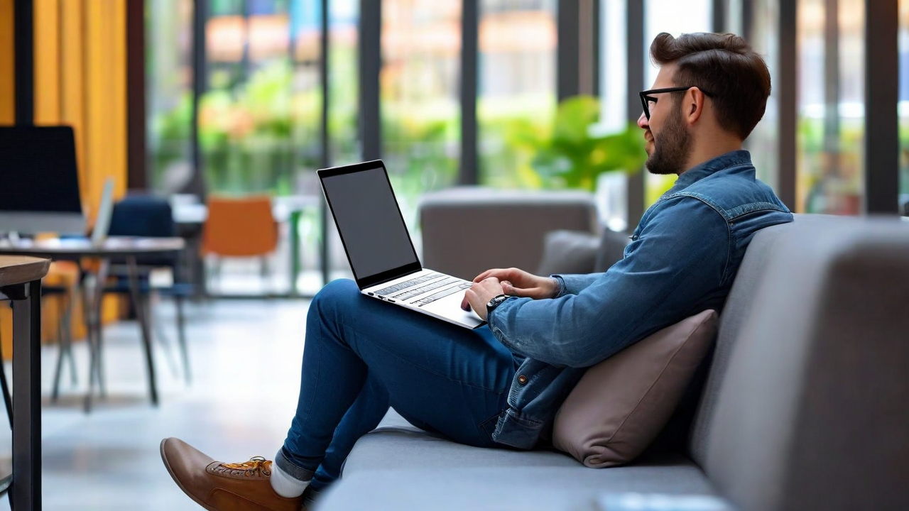Person with closed laptop taking a break, looking relaxed, away from screens