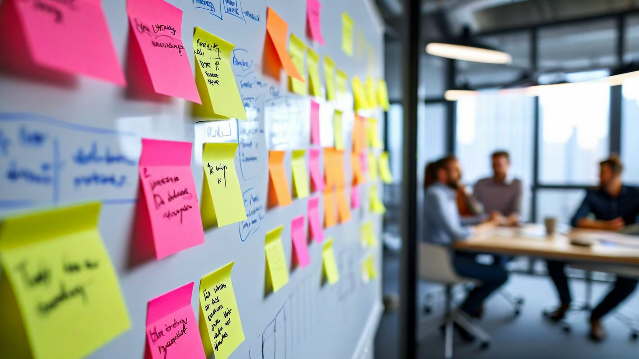 Whiteboard covered in sticky notes being revised, team in background looking engaged