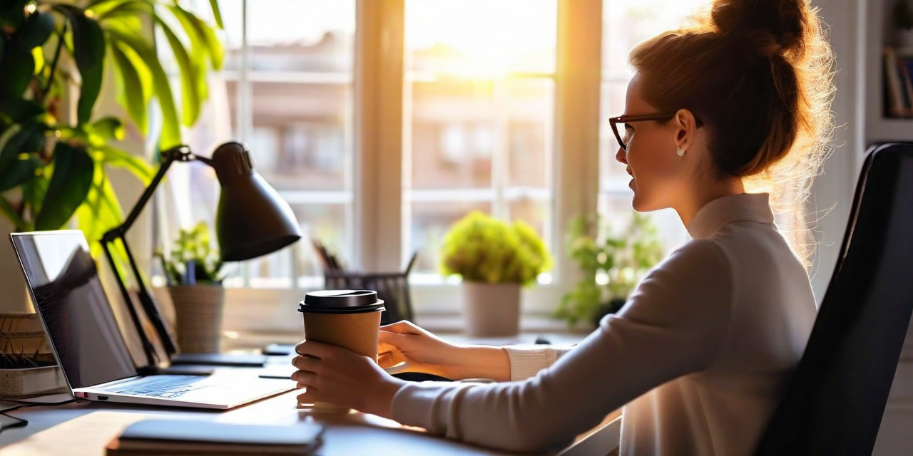 Person at home desk looking focused, coffee in hand, morning light through window