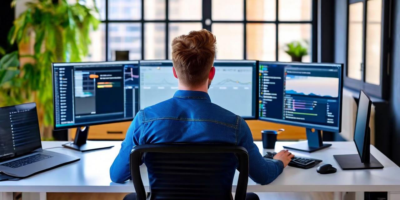Remote worker at standing desk with multiple screens