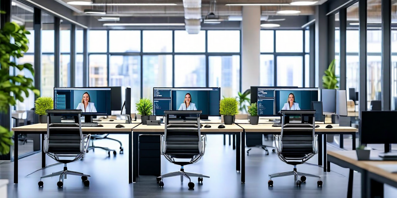 Half-empty office with some desks occupied and screens showing remote workers on video calls