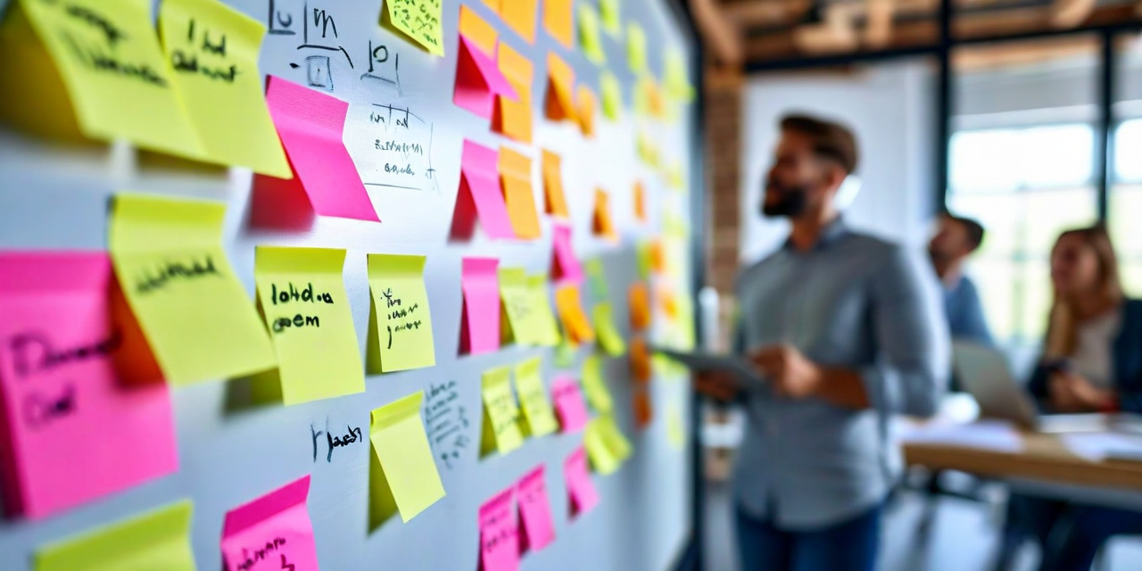 Whiteboard covered in sticky notes being revised, team in background looking engaged